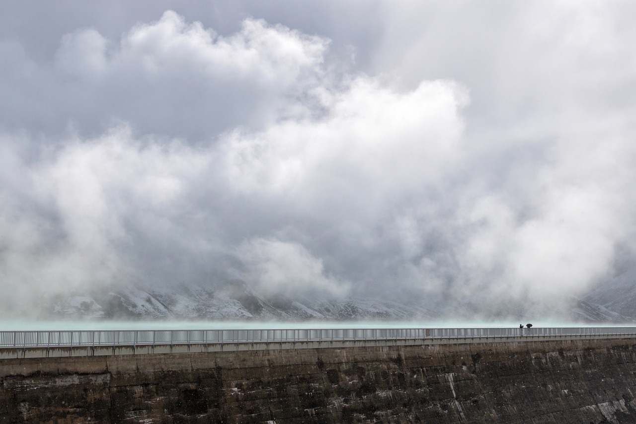 lake, dam wall, clouds